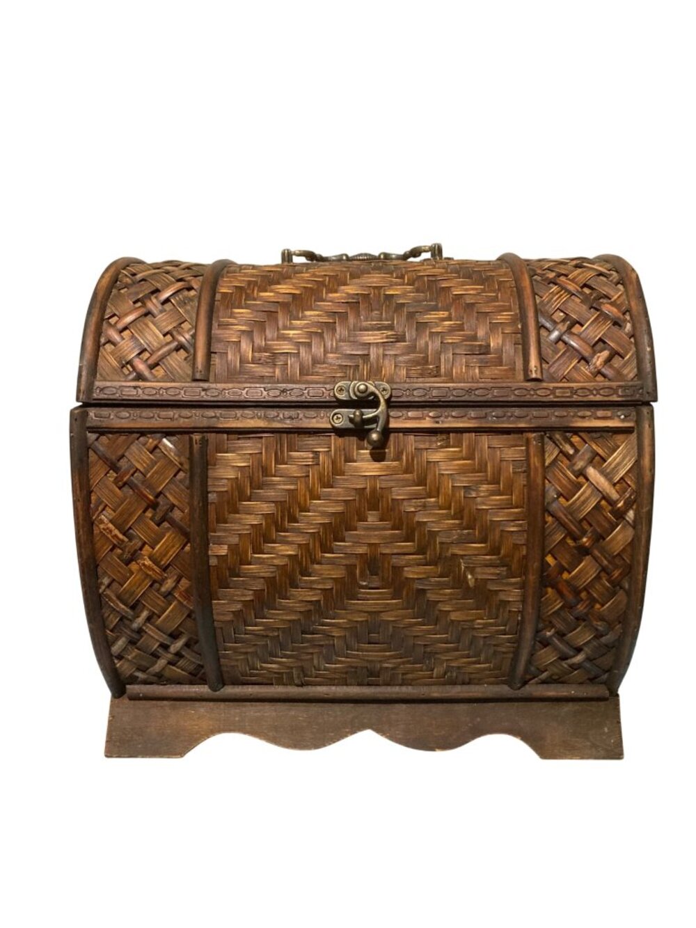 Old Chinese Woven Wicker And Wood Chest With Hinged Lid & Metal Clasp